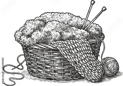Basket of knitting yarn with needles and a partially knitted fabric piece in a vintage