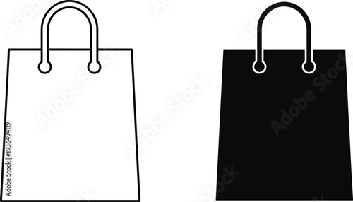 paper shopping bag icon, minimal retail packaging outline silhouette reusable store tote bag template isolated vector design mockup illustration