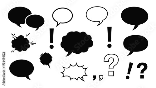 A collection of black and white speech bubbles and punctuation marks