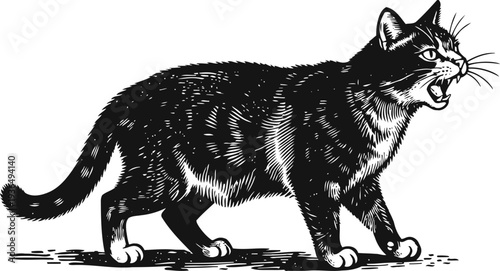 Angry black and white striped cat hissing with open mouth and raised tail