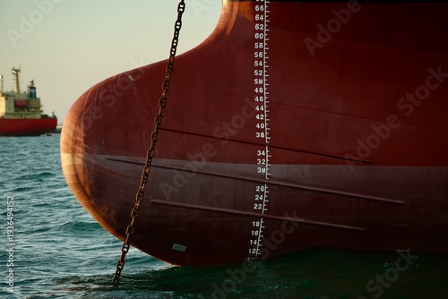 Close-up of a cargo ship bow with anchor chain and draft measurement scale on the hull, with cargo ships in the distance on the sea during sunset. Concept of maritime transportation, shipping industry