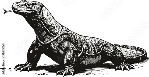 Vintage illustration of a large monitor lizard with detailed scales and forked tongue