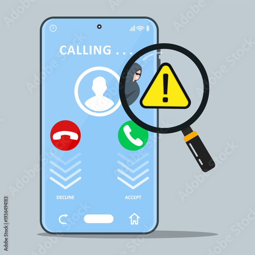 Smartphone displaying suspicious incoming call from people stranger with hacker detected on magnifier and yellow warning exclamation triangle, alerting to phone scam or hacker attack.
