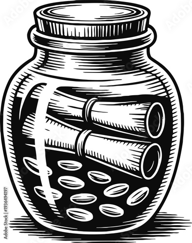 Jar with scrolls and seeds vintage black and white ink drawing of glass container holding plant seeds and rolled papers