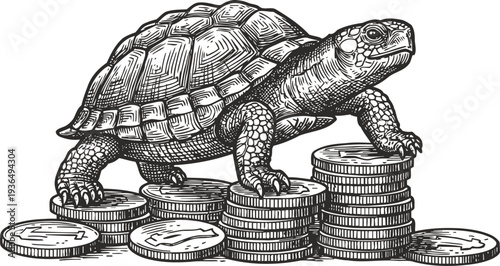 turtle walking on stacks of coins concept of slow financial growth and investment patience