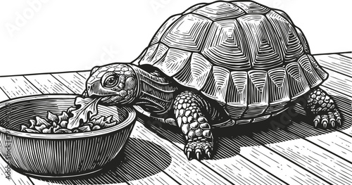 Turtle eating from bowl on wooden floor detailed black and white illustration engraving