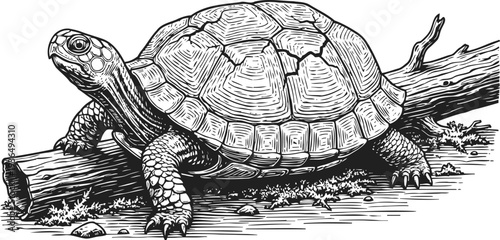 Detailed black and white illustration of a tortoise walking over a log in natural environment