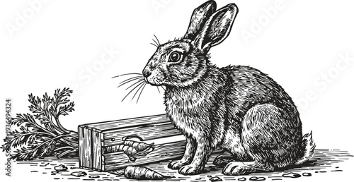 detailed vintage illustration of a rabbit sitting next to a wooden crate of carrots, rustic nature scene