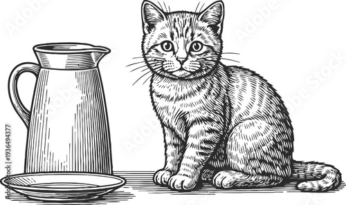 Hand drawn tabby cat sitting beside a pitcher and plate in vintage sketch illustration