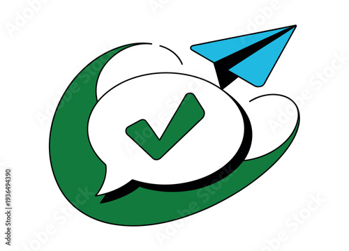 A stylized illustration of a green checkmark in a speech bubble with a blue paper airplane on a white background