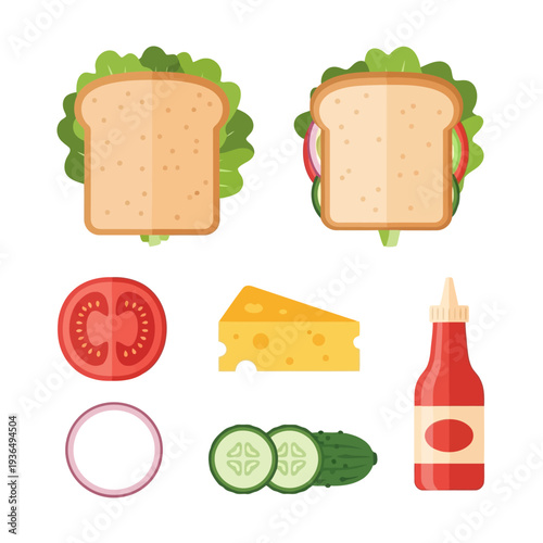 Graphic illustration of sandwich ingredients including bread, tomato, cheese, and condiments arranged neatly on a clean background from a direct viewpoint