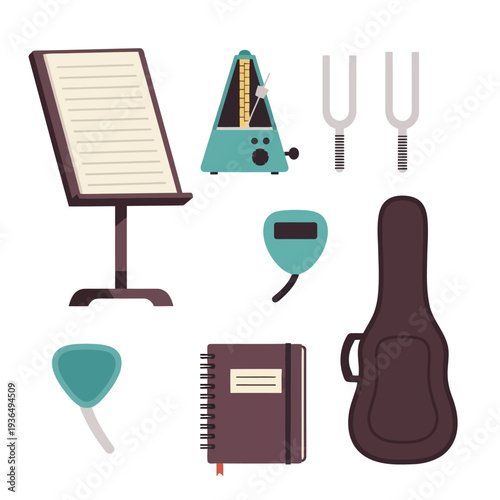 Music equipment and accessories arranged neatly on a plain background, viewed from directly above, featuring a guitar case, music stand, and tuning devices.