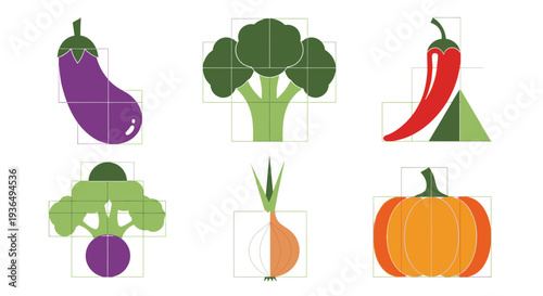 Assorted Vegetables and Fruits in a Grid Layout