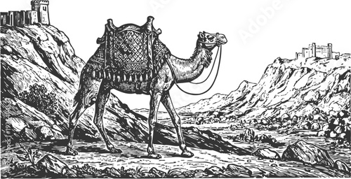 Camel with ornate saddle walking through rocky landscape with distant castles and rugged hills