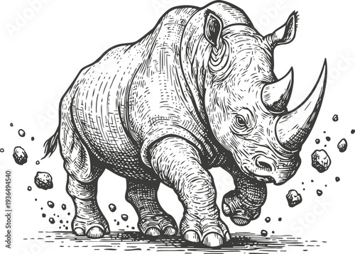 Detailed black and white rhinoceros engraving, powerful wild animal walking on rocky ground