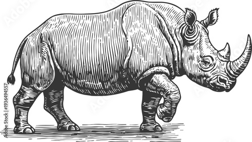 Detailed black and white illustration of a rhinoceros standing with one leg raised in vintage engraving