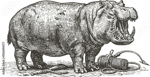 Detailed black and white engraving of a roaring hippopotamus with a broken trap and chain on the ground