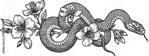 Intricate black and white snake coiled around blooming flowers, detailed floral and reptile line art design