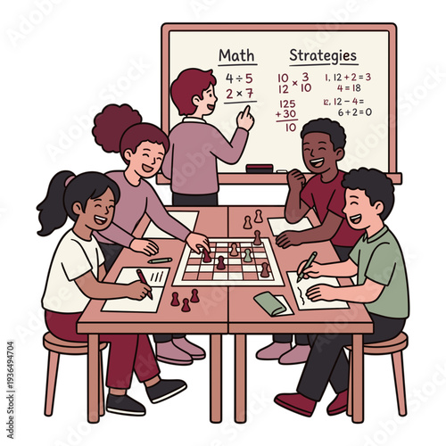 Students play educational board game in classroom with teacher