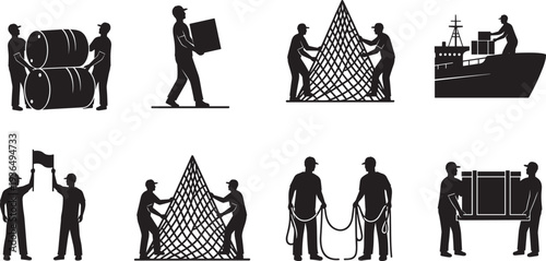 Black Silhouette Set of Logistics Workers Loading Cargo Ship Carrying Boxes Barrels Net and Heavy Packages for Industrial Port Marine Transportation