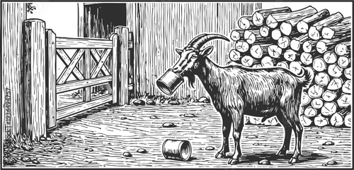 goat standing near a wooden fence with a metal bucket on its horn in a rustic farmyard scene