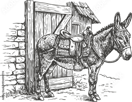 Rustic donkey with saddle tied outside barn door in countryside stable scene