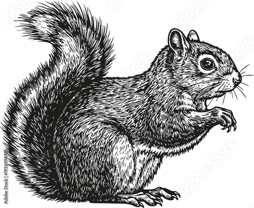 Detailed black and white illustration of a squirrel in side profile, natural wildlife drawing