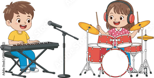 Cad drawing flat vector illustration, of cute children playing musical instruments including keyboard and drums for music education and hobby