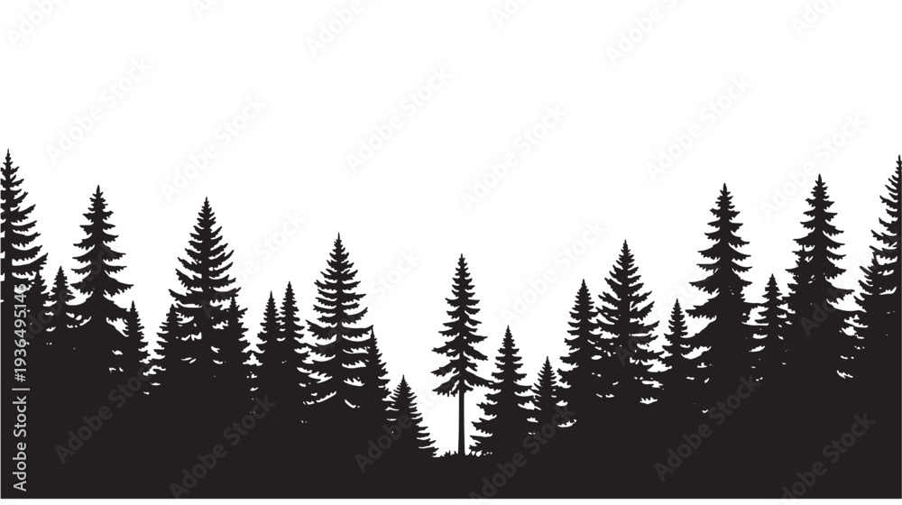 Obraz premium Forest black silhouette with tall evergreen trees forming a natural landscape border against a white background