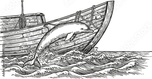 Vintage dolphin jumping near wooden boat bow in water with waves illustration