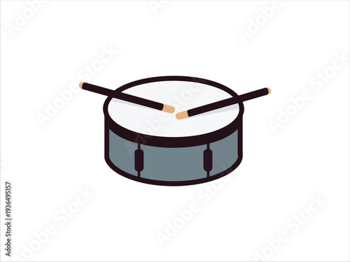 Illustration of snare drum with drumsticks resting on top isolated background