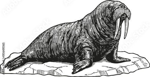 Illustration of a walrus resting on an ice floe with detailed fur and long tusks