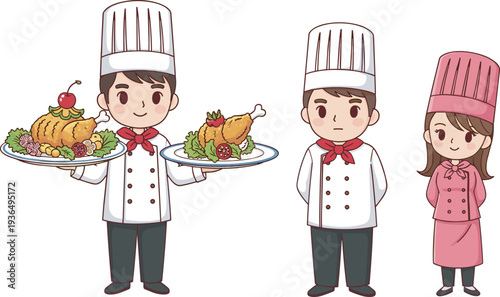 Cad drawing flat vector illustration, of professional chefs in uniform holding delicious roasted chicken platters for restaurant and catering concepts