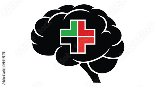 A black brain with a red and green cross