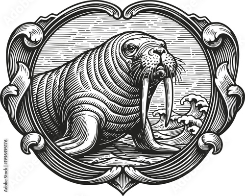 Vintage walrus engraving with tusks and sea waves framed by decorative ornamental border