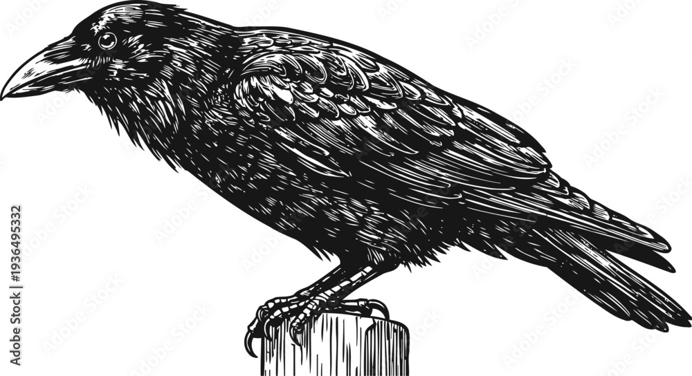 Obraz premium Black raven perched on wooden post detailed bird illustration with textured feathers and sharp beak