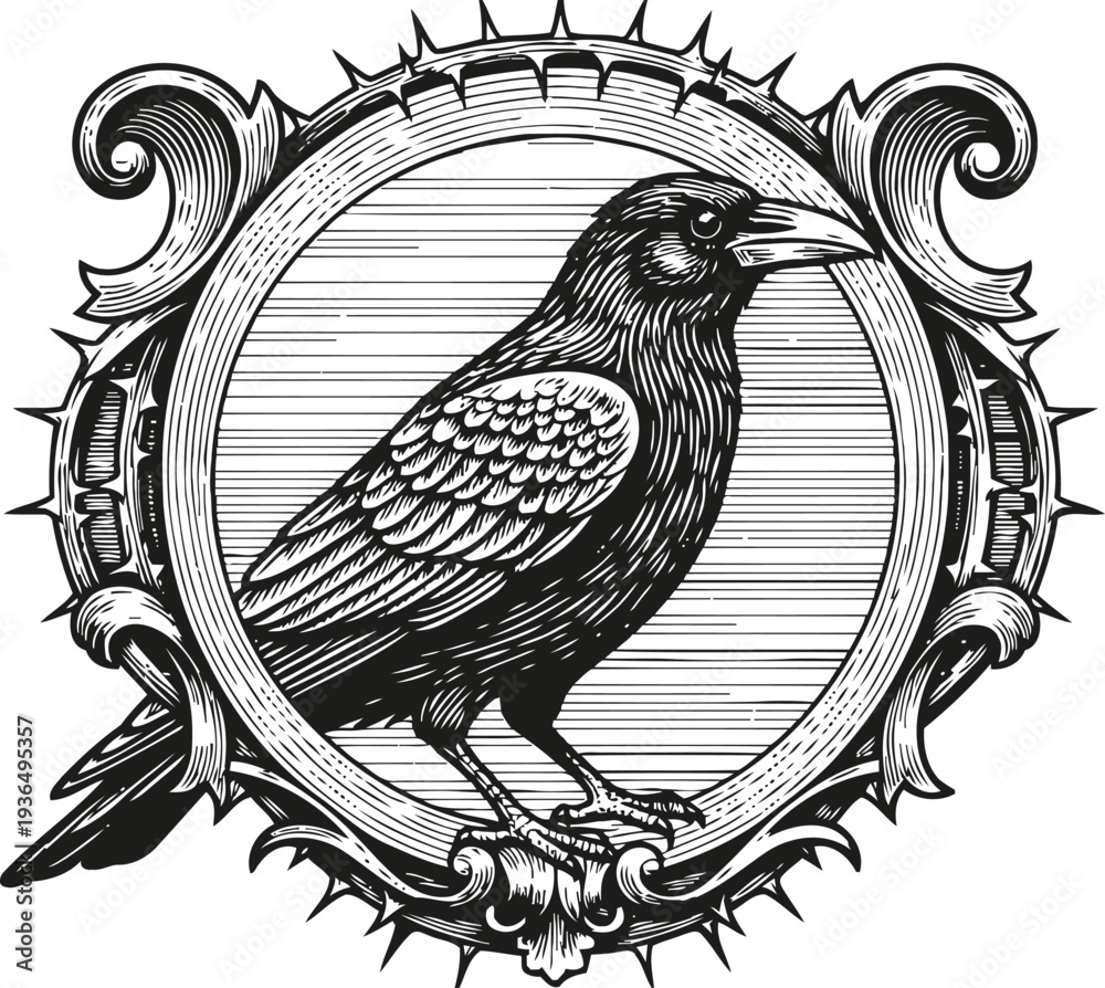 Obraz premium Vintage carved raven bird illustration in ornamental circular frame with detailed feathers