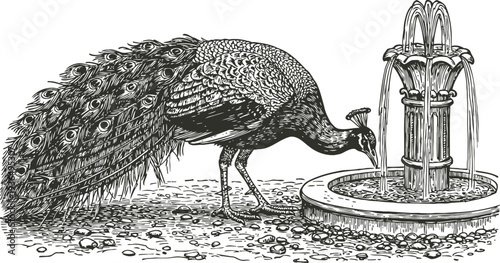 peacock drinking water from ornate fountain detailed vintage black ink illustration of proud bird with vibrant tail feathers beside stone basin