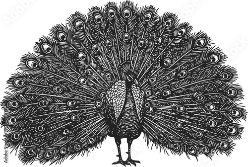 Intricate black and white peacock illustration with fully fanned tail feathers detailed vintage