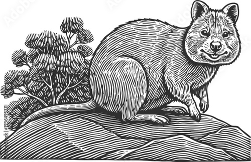 quokka sitting on a rock in nature smiling small marsupial with bush background wildlife animal engraving illustration