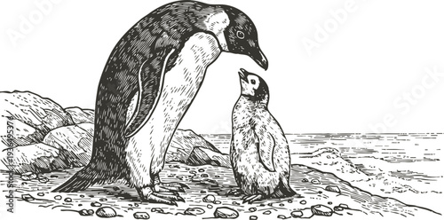Penguin and chick standing on rocky shoreline near the sea, hand drawn wildlife illustration