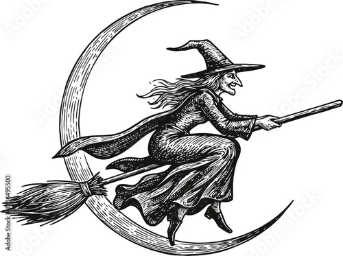 Witch flying on broomstick over crescent moon vintage halloween illustration black and white
