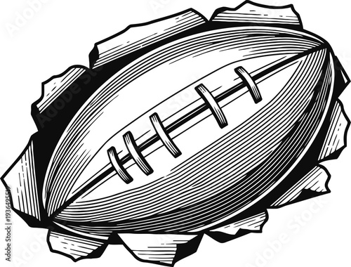 American football bursting through paper, vintage engraved illustration of oval ball with stitches