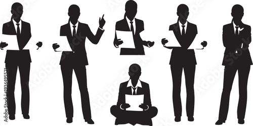 Set of Businesswoman Silhouettes Wearing Suits Holding Documents and Giving Presentations for Professional Corporate Office Careers and Business Marketing Projects