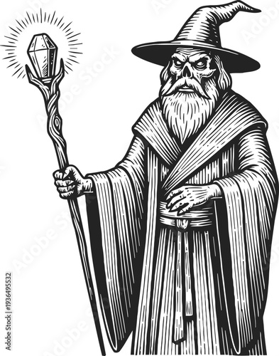 Old wizard with magical staff and pointed hat mystical sorcerer casting spell with glowing crystal