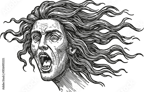 screaming woman with wild flowing hair and intense expression in black and white detailed sketch