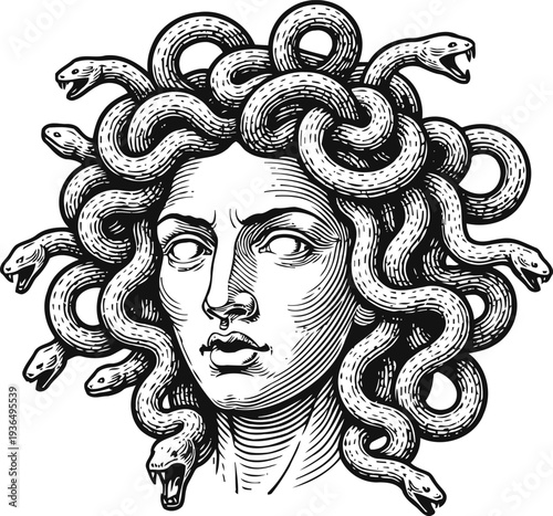 Medusa head with snake hair, greek mythology monster illustration, ancient myth legend symbol