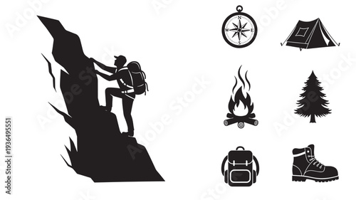 Climber silhouette ascending a steep rock face, surrounded by camping icons like a compass, tent, campfire, tree, backpack, and boot.