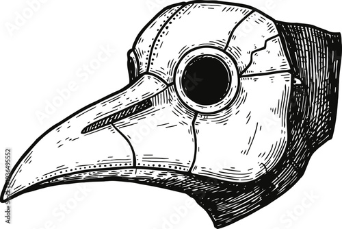 Vintage plague doctor mask illustration with beak and circular eyepiece in black ink sketch