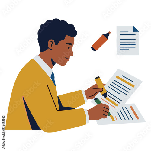 A man in a yellow suit reviews documents with a marker